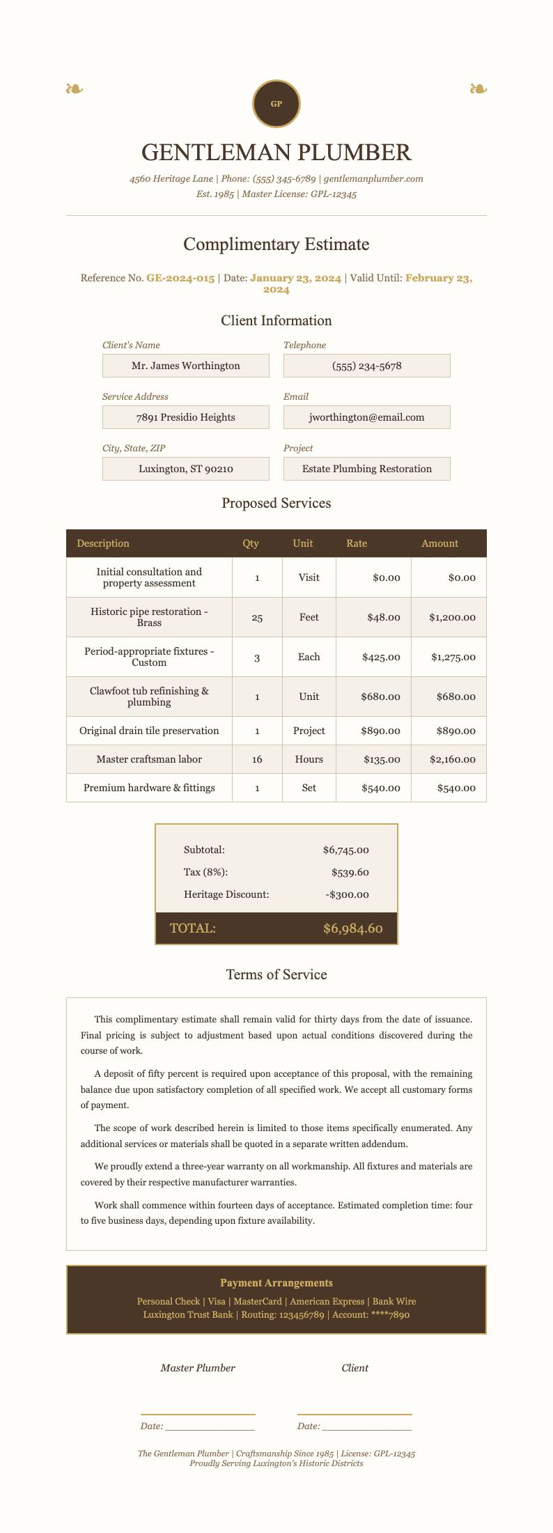 Green Value plumbing estimate template